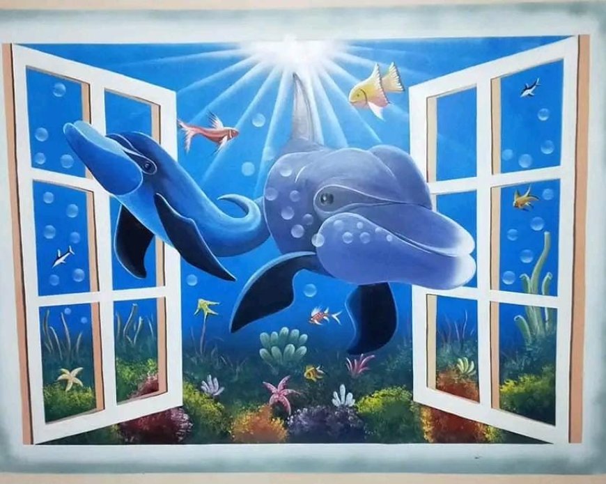 Wall Painting Design of  3D painting of whales coming out of window