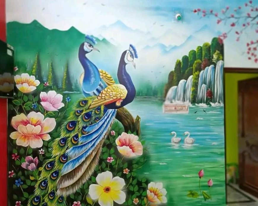 Wall Painting Design of  Beautiful Peacock with nature
