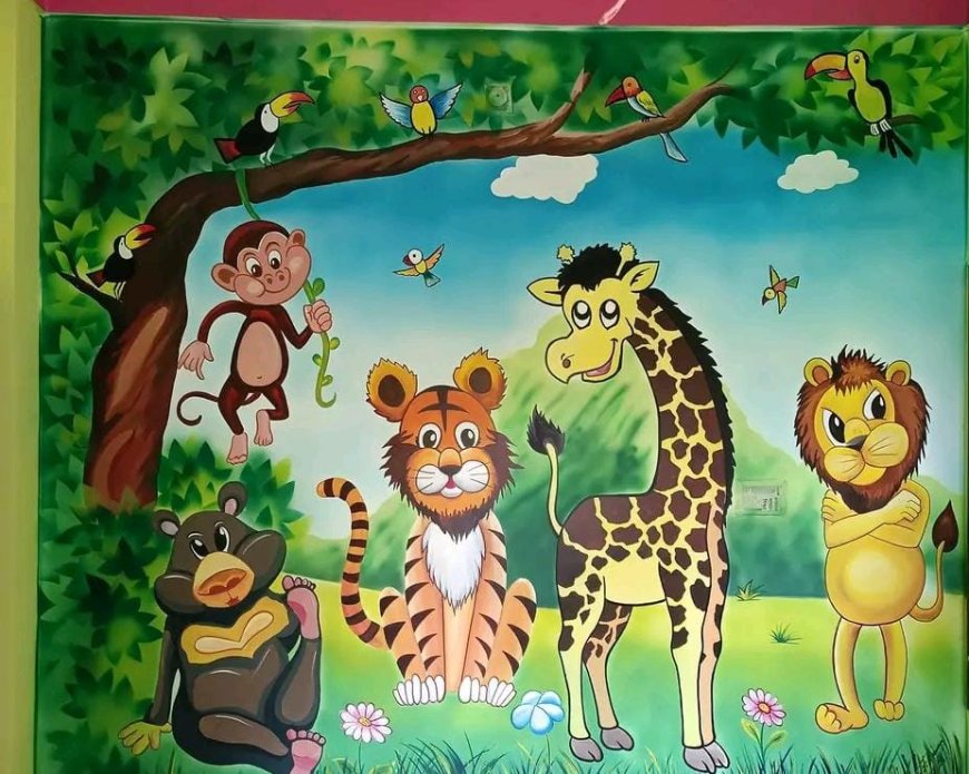 Wall Painting Design of  Group of animals gathered under a tree