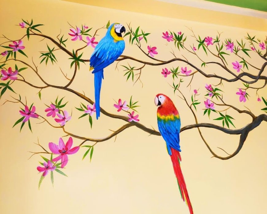 Wall Painting Design of  Two brightly colored parrots perched on a branch
