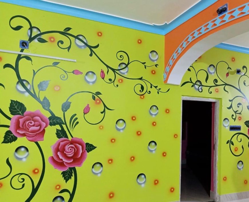 Wall Painting Design of  Rose flower with green background