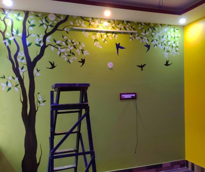 Wall Painting Design of Trees with colorful leaves and birds in flight