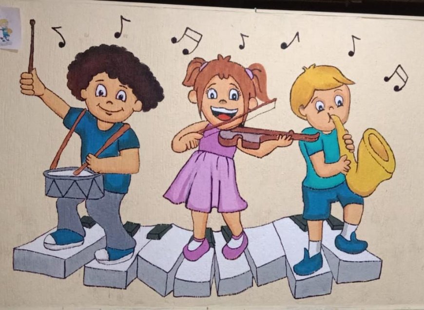 Wall Painting Design of Children playing musical instruments (3D)