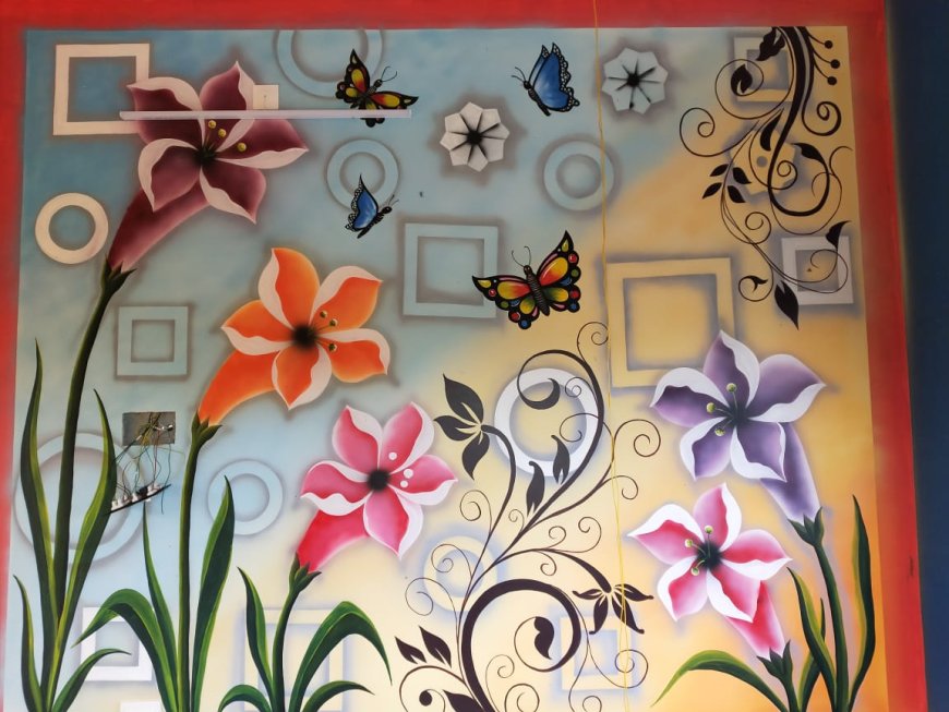 Wall Painting Design of  Wall Painting Of Beautiful Flower And Butterflies