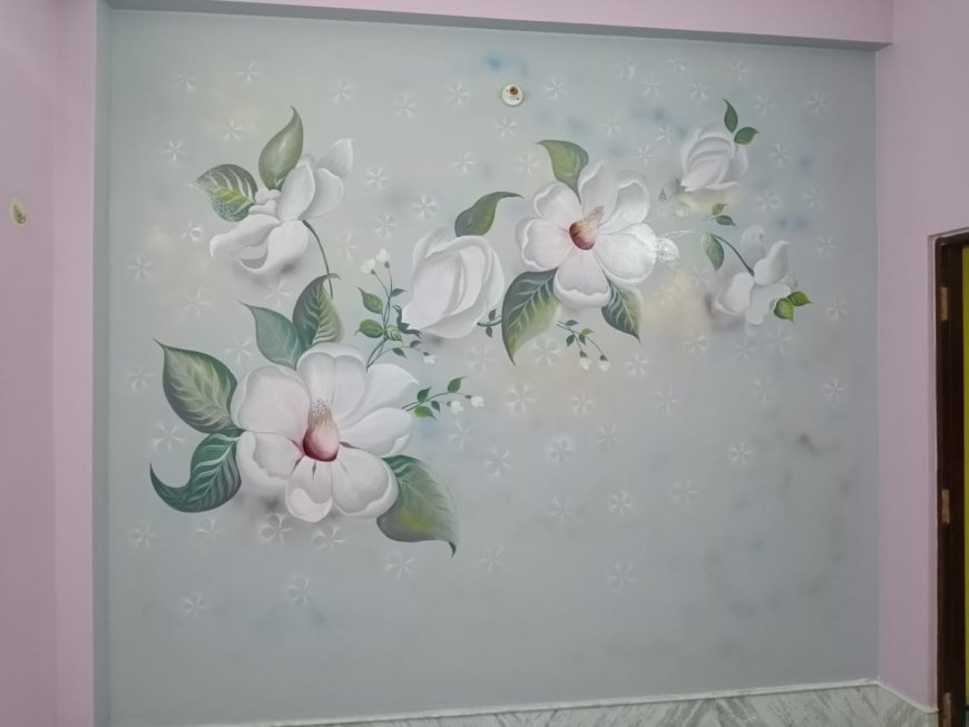 Wall Painting Design of   Simple yet elegant depiction of a white flower with a leaf.