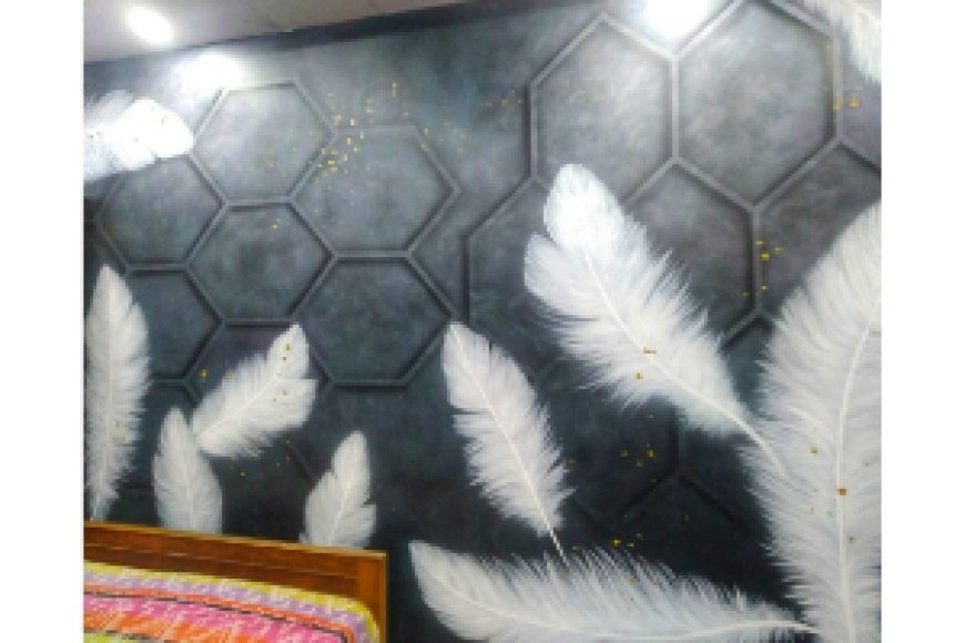 Wall Painting Design of  White feathers set against a black background.