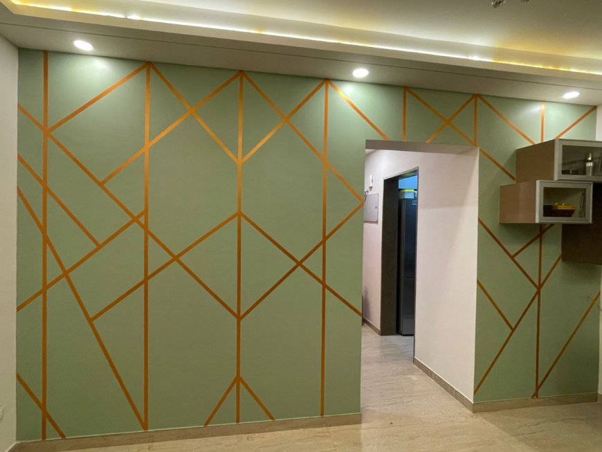 Golden and Light Green Geometric Pattern - Wall Colour Combination & Wall Painting Design