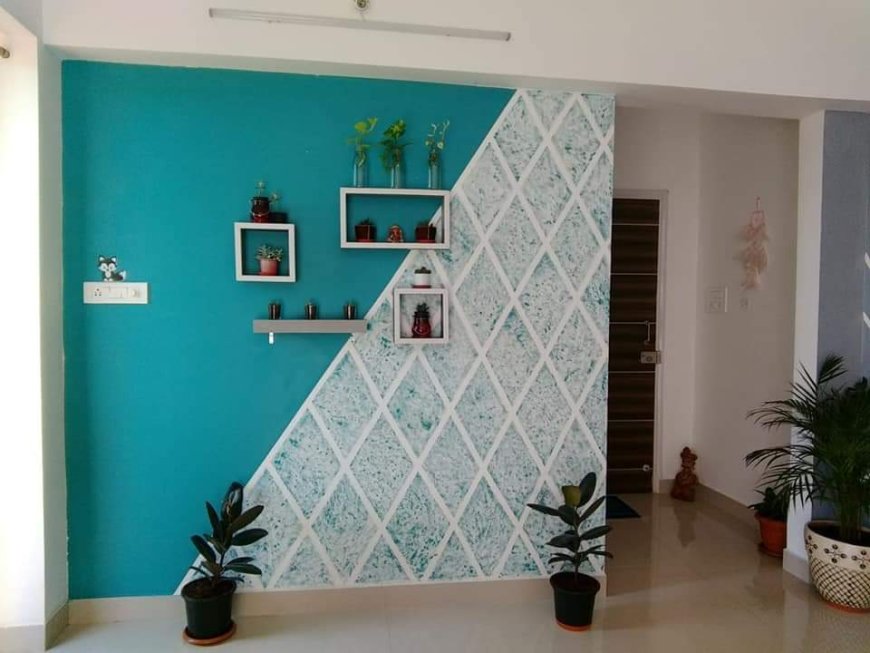 Deep Sky Bluw With Geometric Pattern - Wall Colour Combination & Wall Painting Design