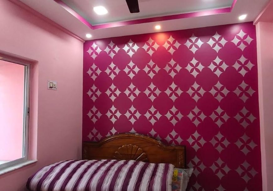 Dark Pink and Light Pink With Stencil Design - Wall Colour Combination & Wall Painting Design