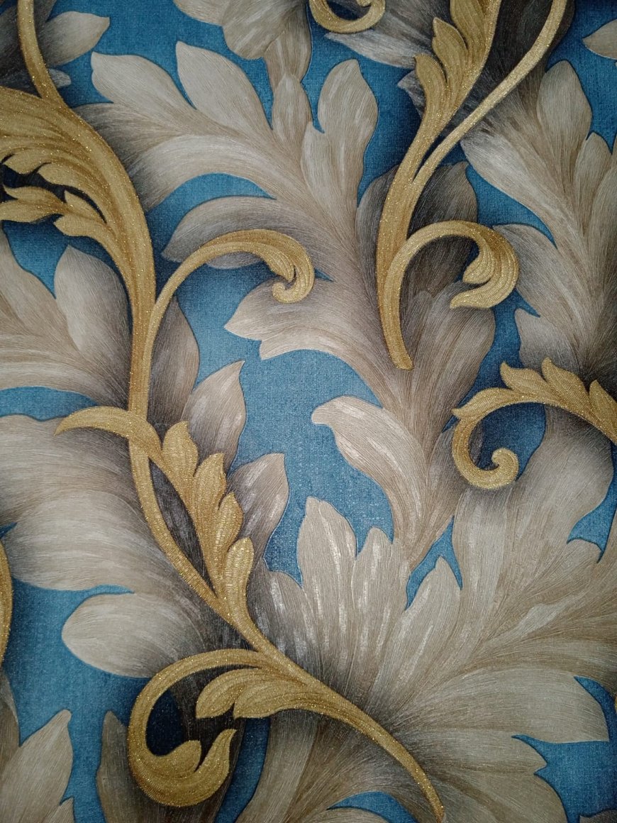 Wallpaper Designs For Wall - Beautiful Blue Design With Grey And Golden Flower Pattern
