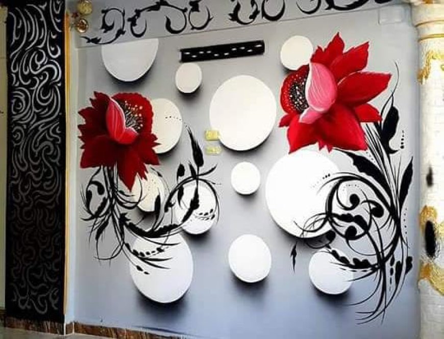 3D Wall Painting Designs - Flower with a 3D Circles in Background
