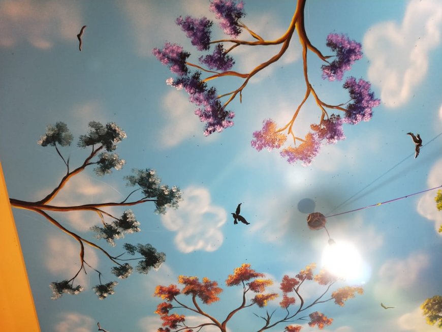 3D Wall Painting Designs - A stunning blue sky filled with birds, clouds, and trees