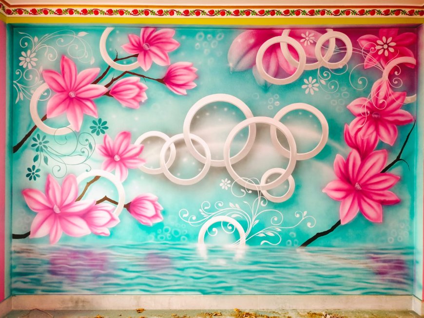 3D Wall Painting Designs -  Stunning 3D wall painting with pink flowers.