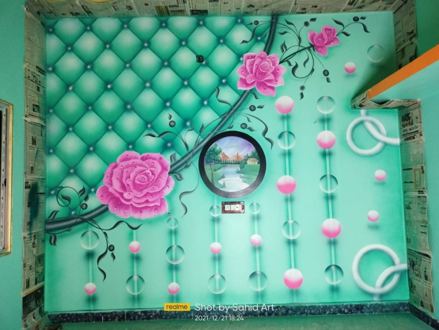 3D Wall Painting Designs - Pink Flower With 3D Backdrop