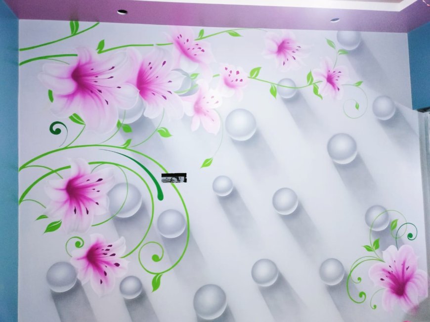 3D Wall Painting Designs - Gorgeous Flowers With 3D White Balls