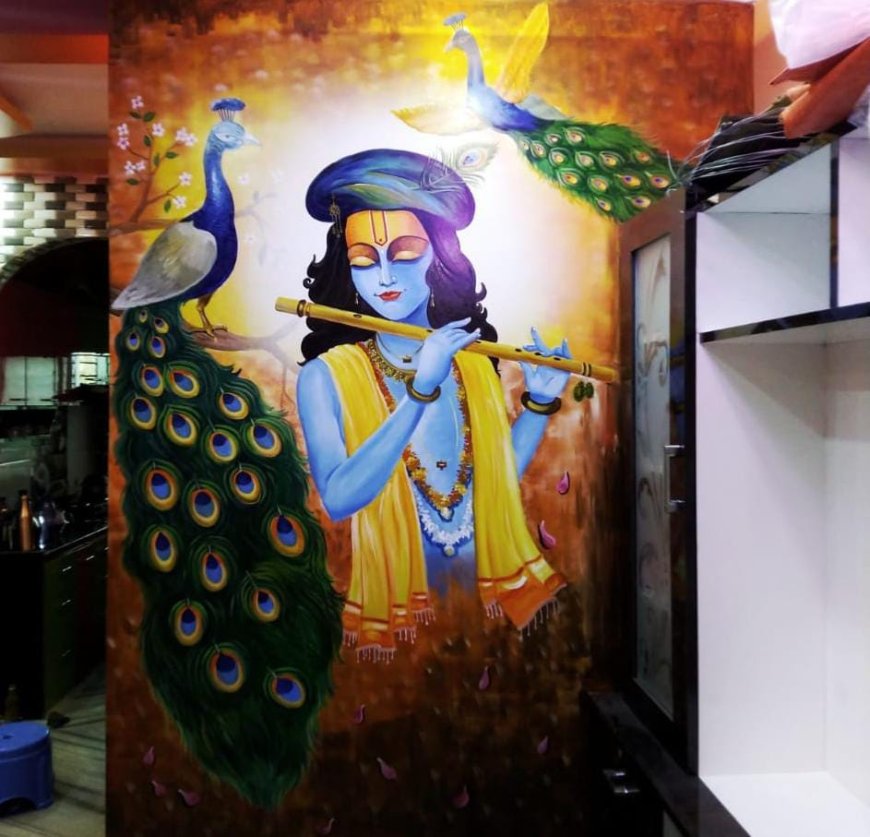 Wall Decoration Ideas- Lord Krishna Playing Flute  Design Painting